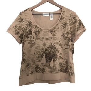 Liz Claiborne Beige Tan Tropical Beach Short Sleeve Casual Tee T-Shirt Top